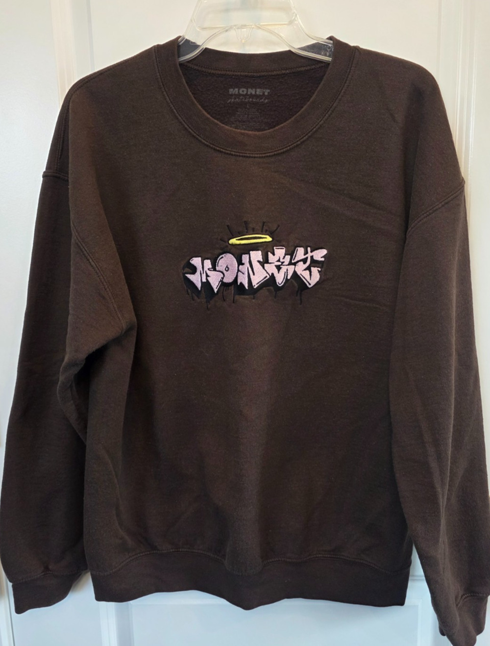 Monet Sweatshirt Streetwear Mens L Brown Graffiti Embroidered Crewneck Pullover